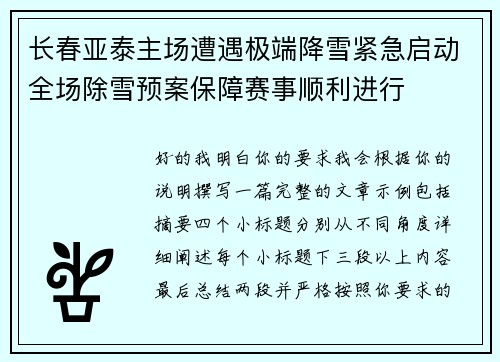 长春亚泰主场遭遇极端降雪紧急启动全场除雪预案保障赛事顺利进行